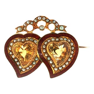 Late 19th Century Victorian Basse-Taille Enamel Topaz and Seed Pearl Double Heart Pin For Sale