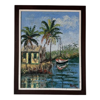 Vintage Caribbean Tropical Coastal Landscape Oil on Canvas Painting, Framed For Sale