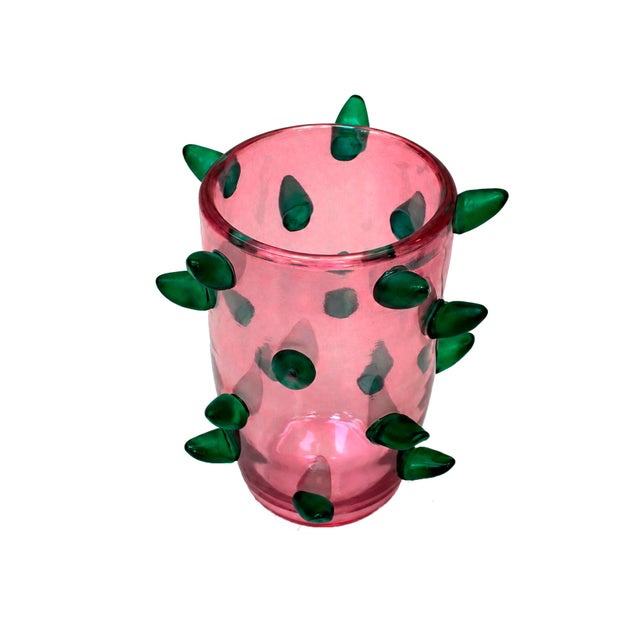 Art Deco Style Pink and Green Murano Glass Vases with Applied Spikes, 1980, Set of 2 For Sale - Image 3 of 9