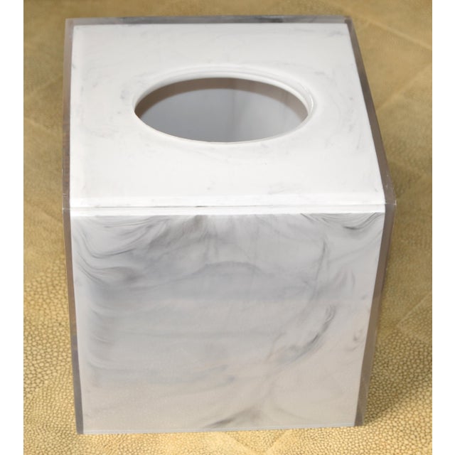 Jonathan Adler Vintage White Faux Marble Lucite Encased Tissue Box Cover Boutique Box For Sale - Image 4 of 13