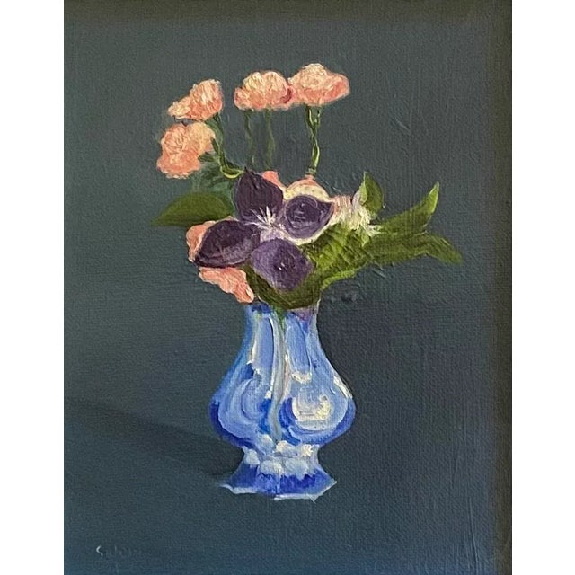 Still life oil painting on canvas board of pink, red, and violet flowers in a blue and white vase, by Satori Gregorakis....