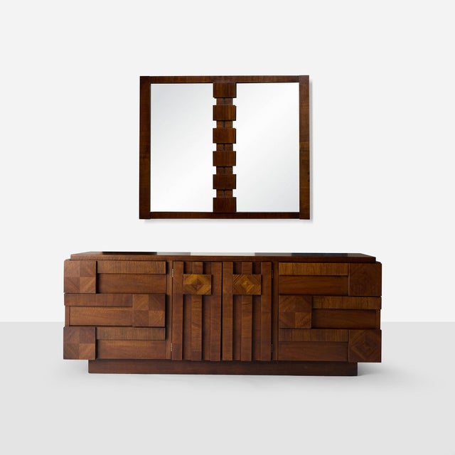 Description Staccato Brutalist Dresser and Mirror by Lane United States, c1970s Nine-drawer dresser with matching wall...