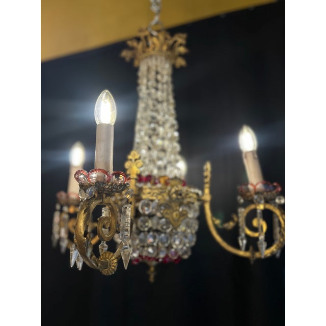 Metal Gilt Bronze and Crystal 4-Light Chandelier with Enameled Glass Decoration, Early 20th Century For Sale - Image 7 of 12