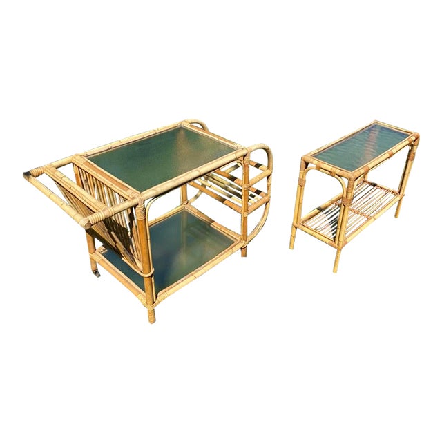 1950s Mid Century Bamboo and Rattan Bar Cart Trolley - Set of 2 For Sale