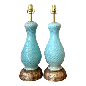 Vintage Italian Swirl Glass Lamps After Murano - A Pair