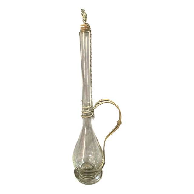 Vintage Brass and Hand Blown Glass Decanter, 1890s For Sale