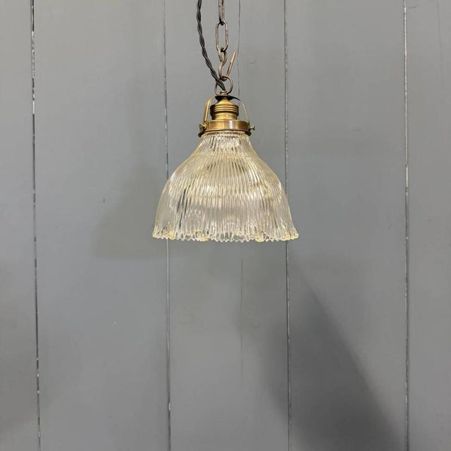 Small Pressed Glass Pendant Lamp with Brass Fixture from Holophane, 1930s For Sale - Image 4 of 17