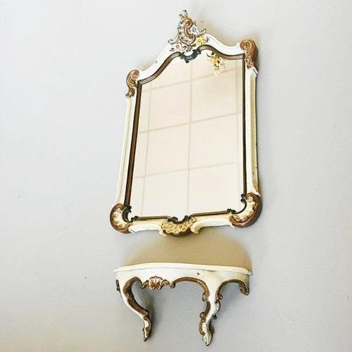 Vintage mid-century Italian Baroque Mirror and Wall Console cream gold crackle set from the 1950s. This matching set...