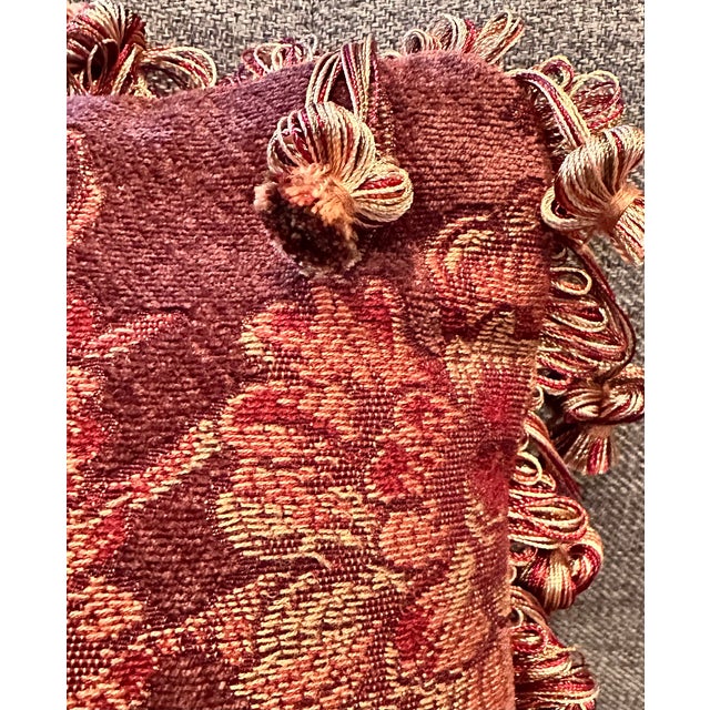 Vintage 13-inch square accent pillow with ornate ball fringe and invisible zipper closing. Filled with both down feathers...