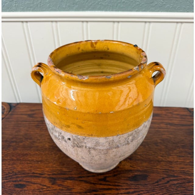 Antique French Country Confit Pot Pottery Jug Glazed Ochre Yellow Large #2 For Sale - Image 16 of 17