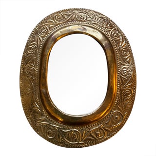 Vintage Small Oval Brass Mirror With Etched Details For Sale