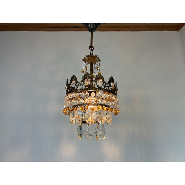 Rare Vintage Brass Crystal Chandelier | 1960s | Amber & Clear Crystal Pendant Light For Sale - Image 12 of 16