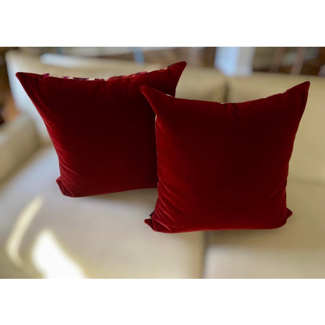 Pair of 22" Custom Schumacher Kashgar Ikat Velvet Pillows Pattern 176102 in Ruby Plum For Sale - Image 12 of 18