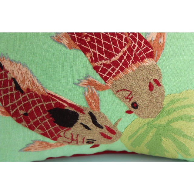 Vibrant Pair of Koi Fish Hand Embroidered Pillow Covers 21" Square, Good Fortune For Sale - Image 4 of 10