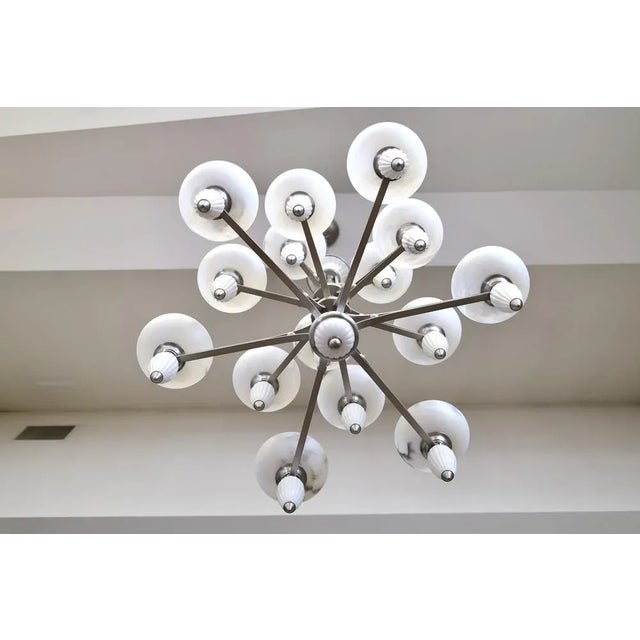 Art Deco 15-Arm Chandelier with Alabaster Bowls and Illuminated Cones, 1990s For Sale - Image 6 of 8
