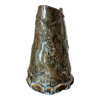 Vintage Large Handcrafted Brutalist Ceramic Vase in Olive Green & Brown For Sale