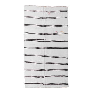 White Black Striped Hemp Kilim Rug - 5`7" X 11`2" For Sale