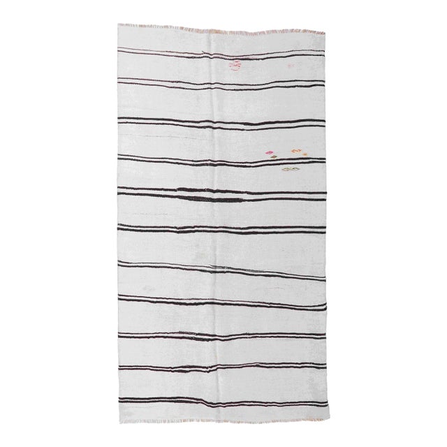 White Black Striped Hemp Kilim Rug - 5`7" X 11`2" For Sale