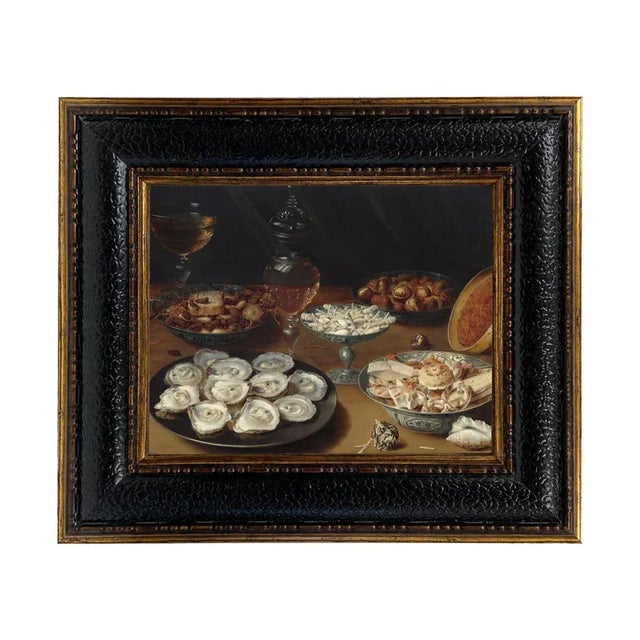 “Dishes with Oysters, Fruit and Wine" After Osias Beert the Elder Contemporary Reproduction Print on Canvas, Framed, 8 x 10 For Sale - Image 4 of 4