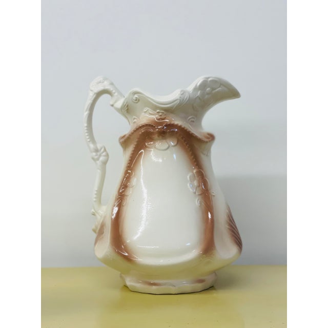 Gorgeous Antique Victorian Ironstone Pottery Pitcher / Ewer. Beautiful hues of Mauve Pink & Cream. Excellent antique...