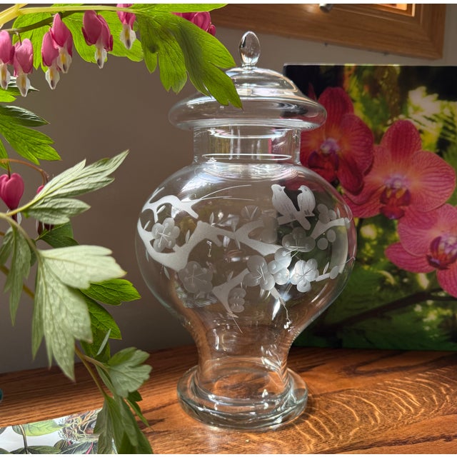 1950s Glass Ginger Jar With Etched Cherry Blossom Birds Motif For Sale - Image 9 of 9