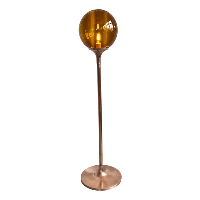 Mid-Century Hungarian Industrial Copper Floor Lamp with Amber Glass Shade, 1970s For Sale