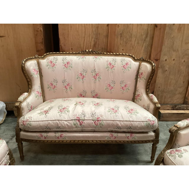 1920s Rare Louis XVI Gold-Leaf Salon Set W/Original Silk Upholstery For Sale - Image 5 of 17