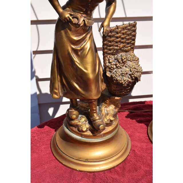 1950s Pair L&F Moreau Art Nouveau Brass Spelter Lamps For Sale In New York - Image 6 of 11