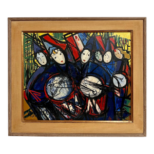 Michel Marie PoulainLarge Colorful French Mid Century Oil Painting Michel Marie Poulan Marching Band