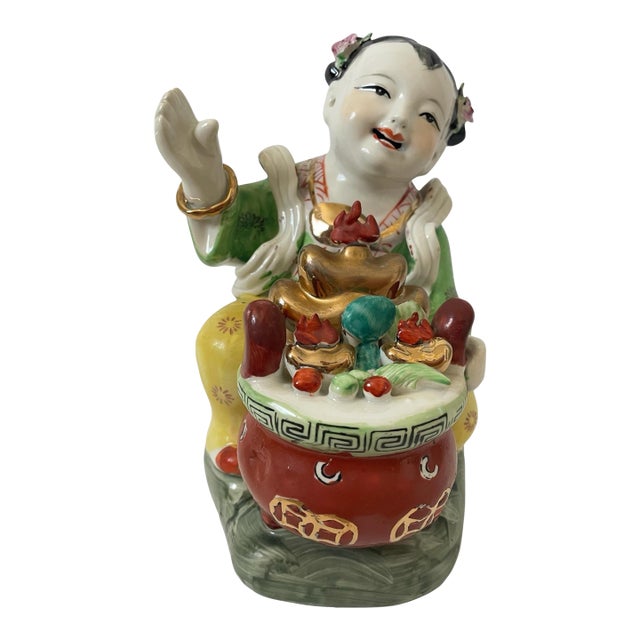 Vintage Famille Rose 8” Laughing Lucky Girl Statue Figurine Offerings of Food For Sale