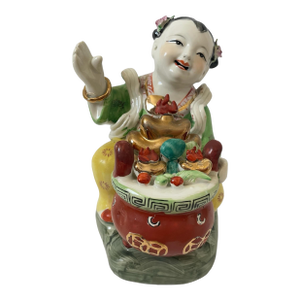 Vintage Famille Rose 8” Laughing Lucky Girl Statue Figurine Offerings of Food