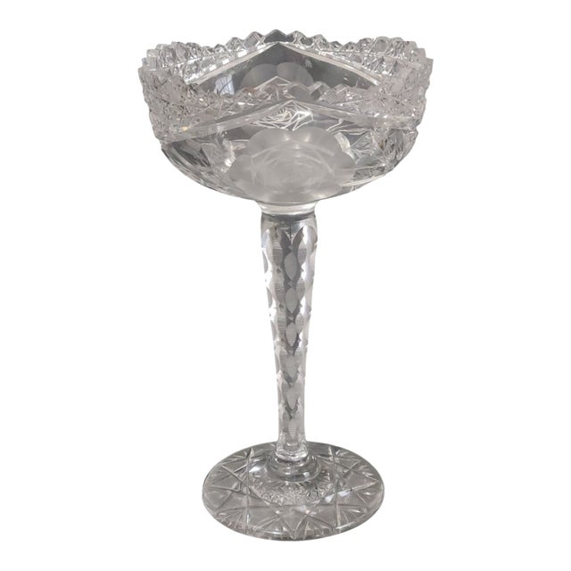 Vintage American Brilliant Cut Crystal Roses Floral Compote Candy Dish Bowl For Sale