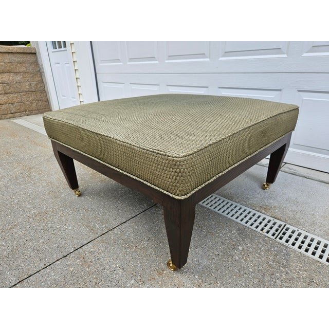 Wood Large Square Green Upholstered Ottoman Footstool on Casters For Sale - Image 7 of 12