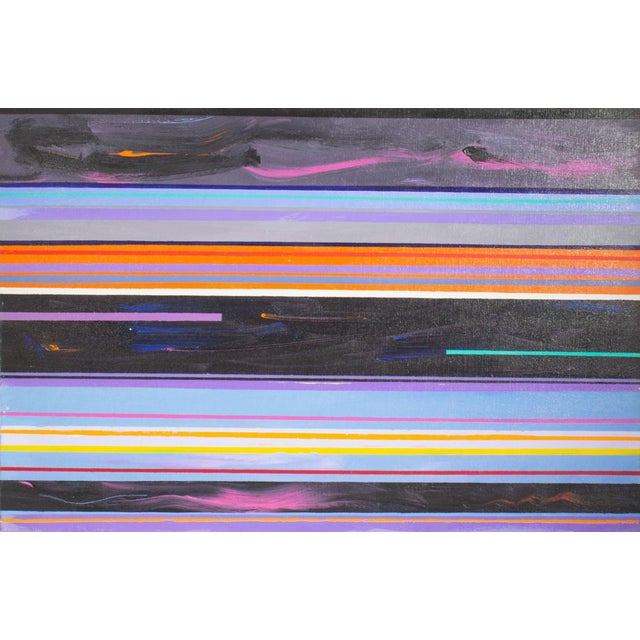 A 1970s acrylic on canvas painting by the American artist Halim Scott (1925-1997). This abstract work depicts stripes of...