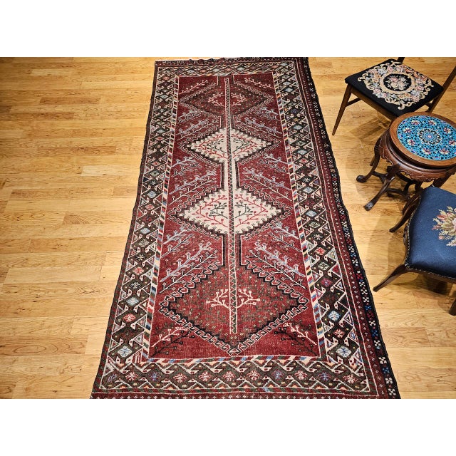 Textile Vintage Shiraz Tribal Area Rug, Hand-Knotted Wool, Geometric Pattern, Burgundy & Ivory, 5x10 For Sale - Image 7 of 18