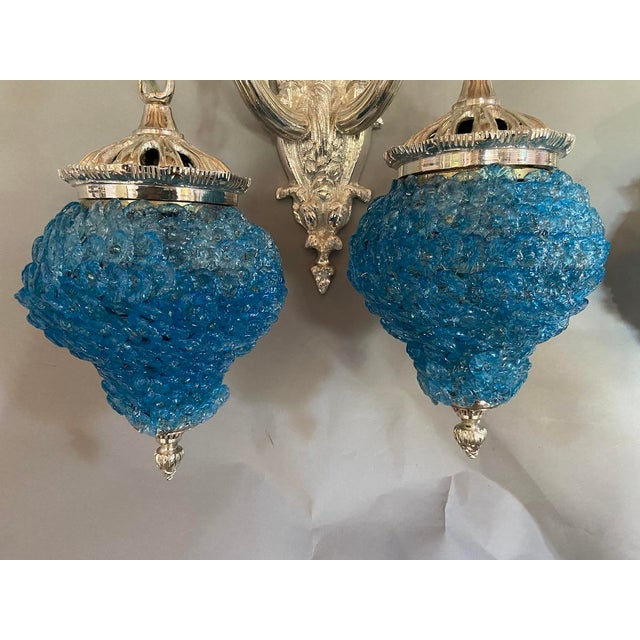 1990s French Louis XVI Silver Bronze Blue Crystal Wall Lamps / Sconces – Pair For Sale - Image 6 of 13