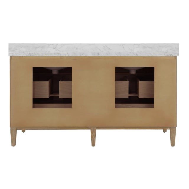 Contemporary Matthew Izzo Home Odin 60" Fluted Cerused Oak, Four Drawer, Double Sink Bathroom Vanity - Carrara Marble Top, Porcelain Sinks, Brass Hardware For Sale - Image 3 of 5