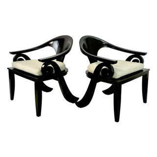 1980s Vintage Chinoiserie Dark Stained Teak Hand Carved Spoon Side Chairs - A Pair. For Sale