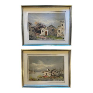 Pair of South American Oil Paintings of Houses Architecture With Silver Frames and Hand-Lined Mat Signed Fortes For Sale