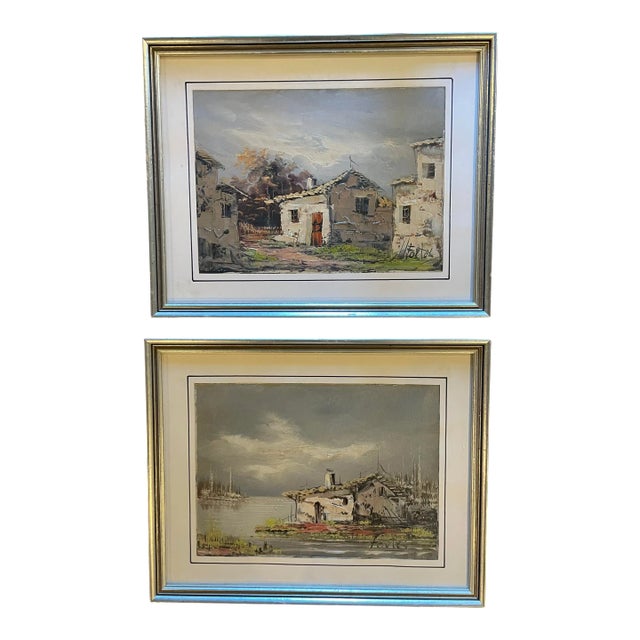 Pair of South American Oil Paintings of Houses Architecture With Silver Frames and Hand-Lined Mat Signed Fortes For Sale