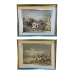 Pair of South American Oil Paintings of Houses Architecture With Silver Frames and Hand-Lined Mat Signed Fortes