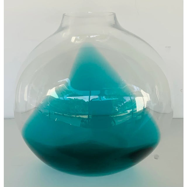 Stylish Theodore Alexander Modern Large Teal and Clear Art Glass. Vase, showroom floor sample