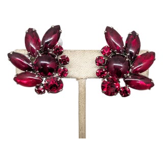 Vintage 1960s Verified Delizza & Elster Faux-Garnet Clip Earrings-2 Pieces For Sale