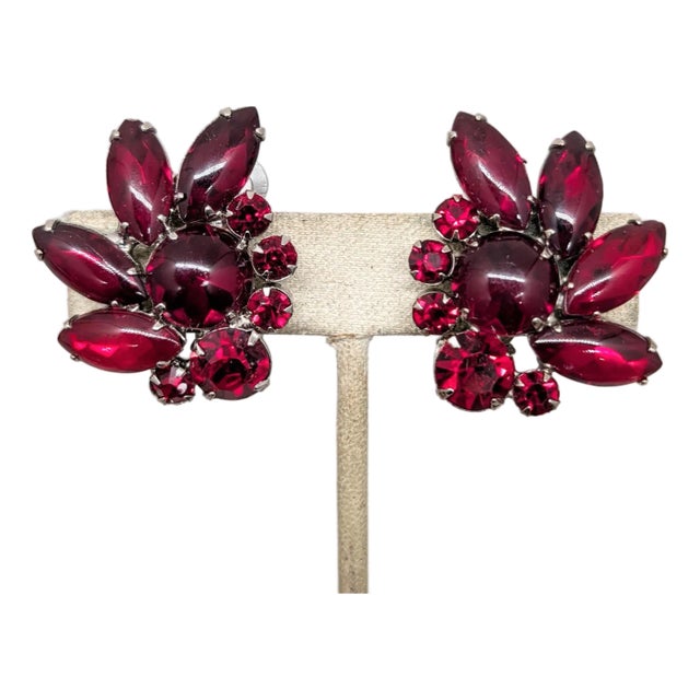 Vintage 1960s Verified Delizza & Elster Faux-Garnet Clip Earrings-2 Pieces For Sale