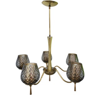1960's Vintage Mid-Century Modern Chandelier Brass With Murano Textured Smoked Glass Globes and Gold Metal Diffuser For Sale