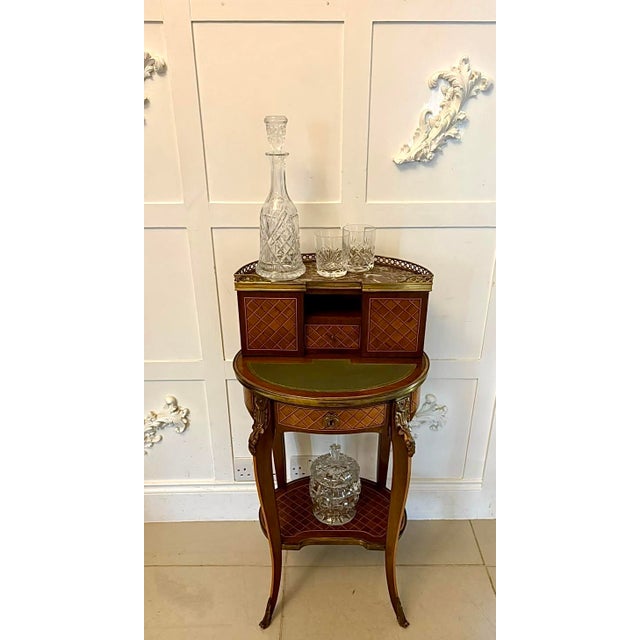 Antique French Kingwood Parquetry Freestanding Ormolu Ladys Writing Desk Bonheur Du Jour, 1880 For Sale - Image 4 of 16
