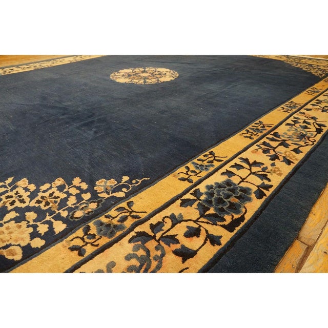 1920s Navy Solid Medallion Antique Chinese Peking Rug Knotted Wool 10' X 12' 7" For Sale In New York - Image 6 of 9