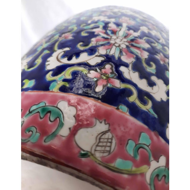 Design: Rich cobalt-blue enameled ground beautifully detailed with famille rose style pink lotus blossoms, scrolling...