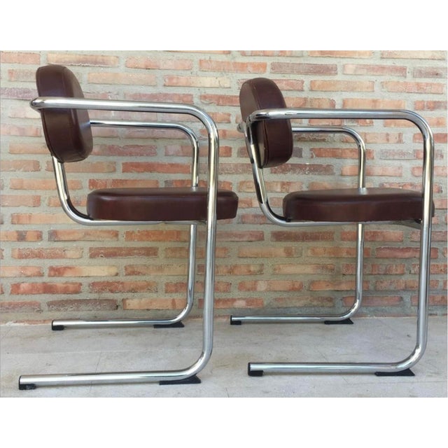 Italian Armchairs in Brown Leather and Chrome, 1980s, Set of 5 For Sale - Image 6 of 12