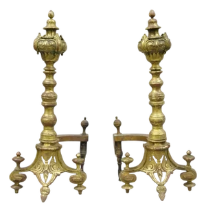 Antique French Baroque Louis XV Style Bronze Brass Andirons With Patina - A Pair